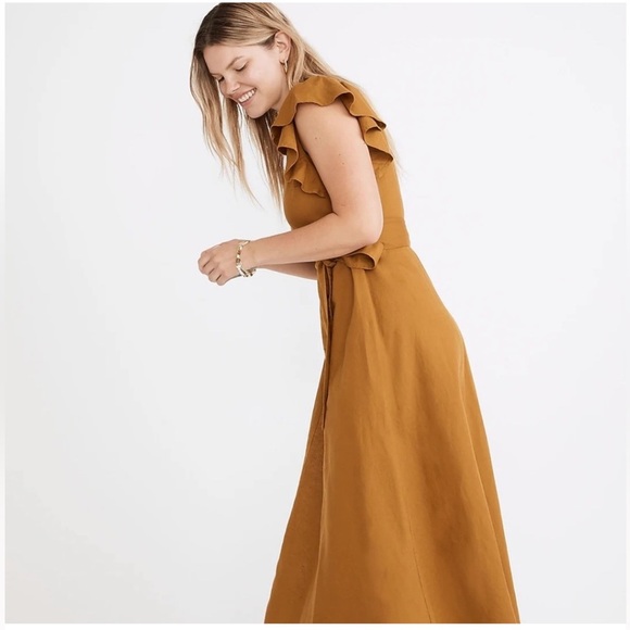 MADEWELL Linen-Blend Ruffle-Sleeve Wrap Midi Dress Cotton - Picture 5 of 10